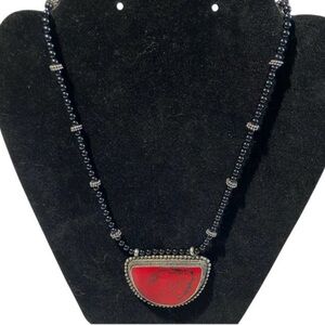 Elegant Black Glass Bead Necklace With Faux Red and Black Stone